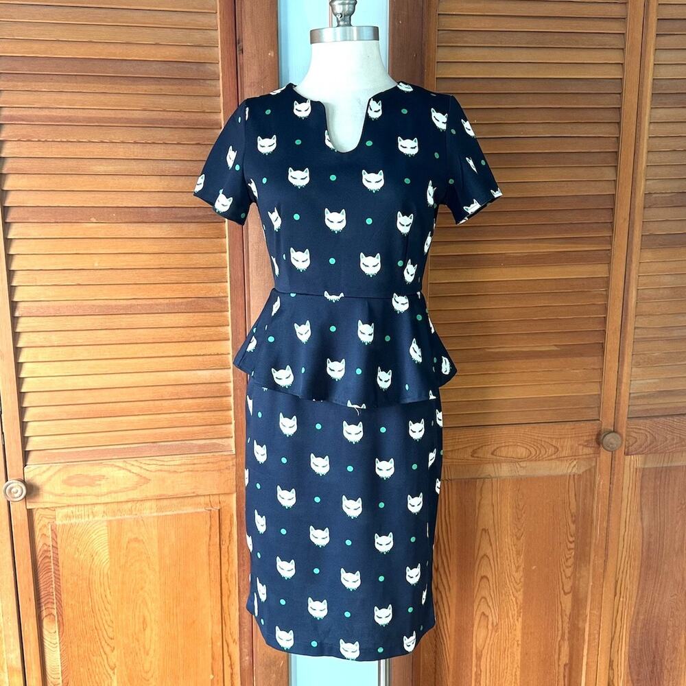 Vintage Retro Navy Blue Elegant Kitty Cat Peplum Dress M